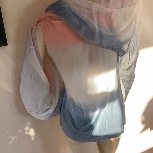 Vintage sheer Blouse Peach Fuzz Blue silk two piece layered Ombré Top size Small - Picture 12 of 16